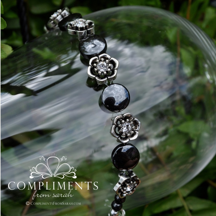 black onyx and silver flower girl bracelet