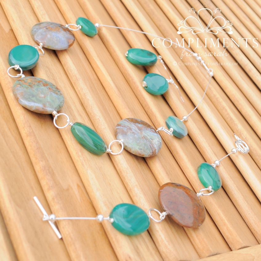green and brown natural stone with silver necklace bracelet and earring set