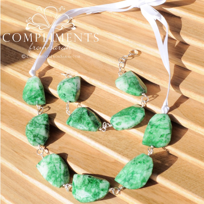 green and white natural stone necklace and bracelet set