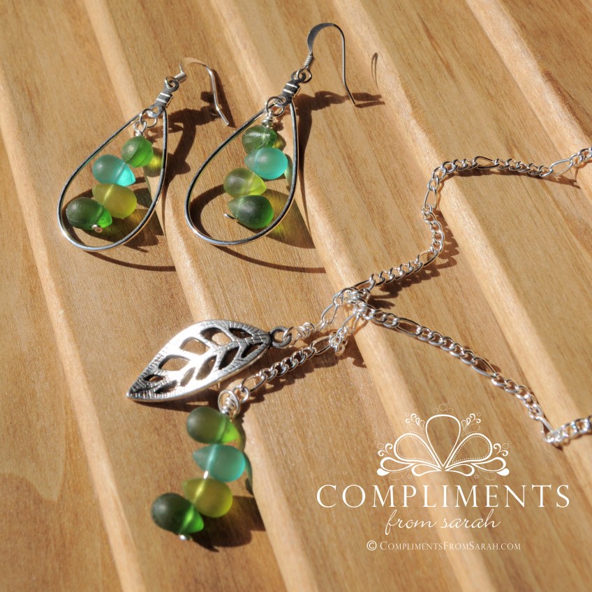green glass and leaf silver necklace and earring set