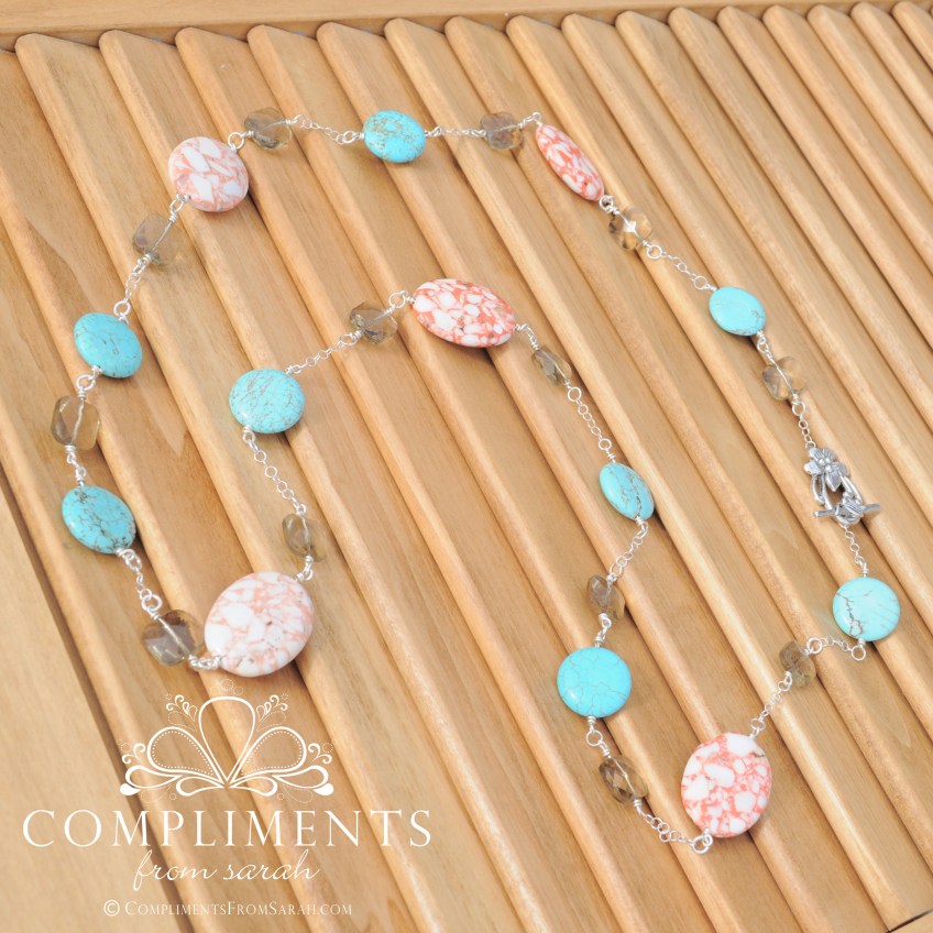 orange aqua and gray silver long necklace