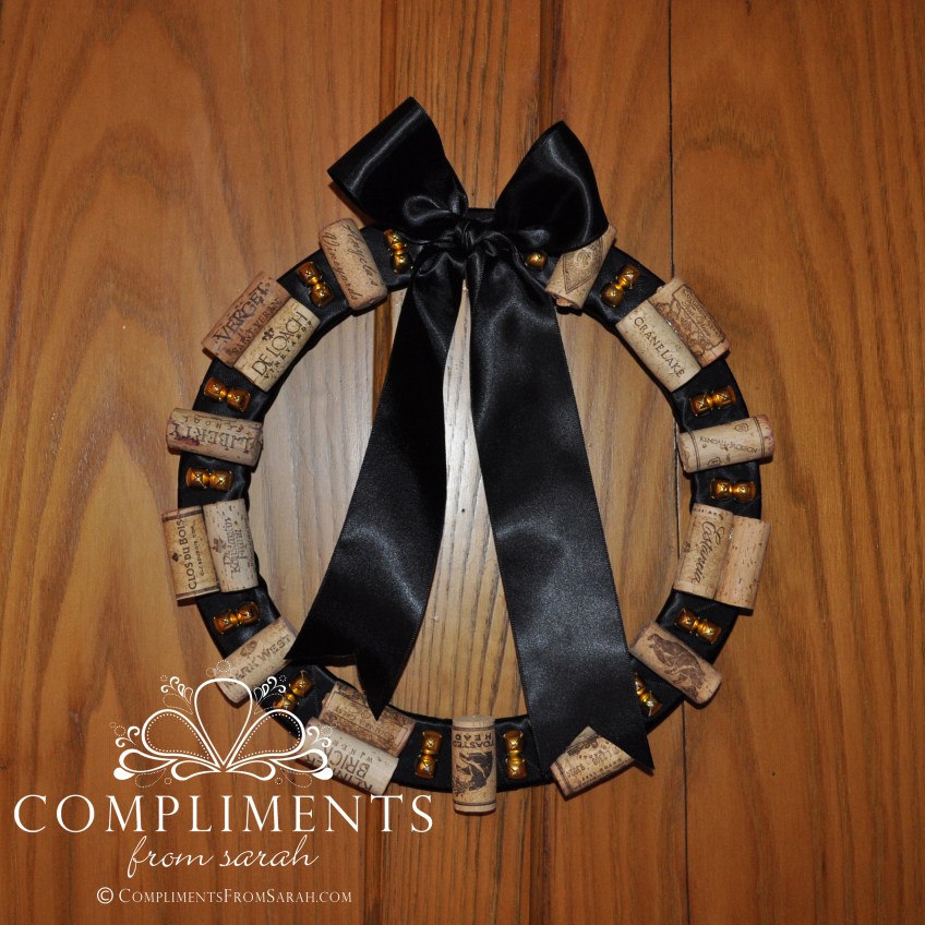 wine cork wreath black ribbon bells