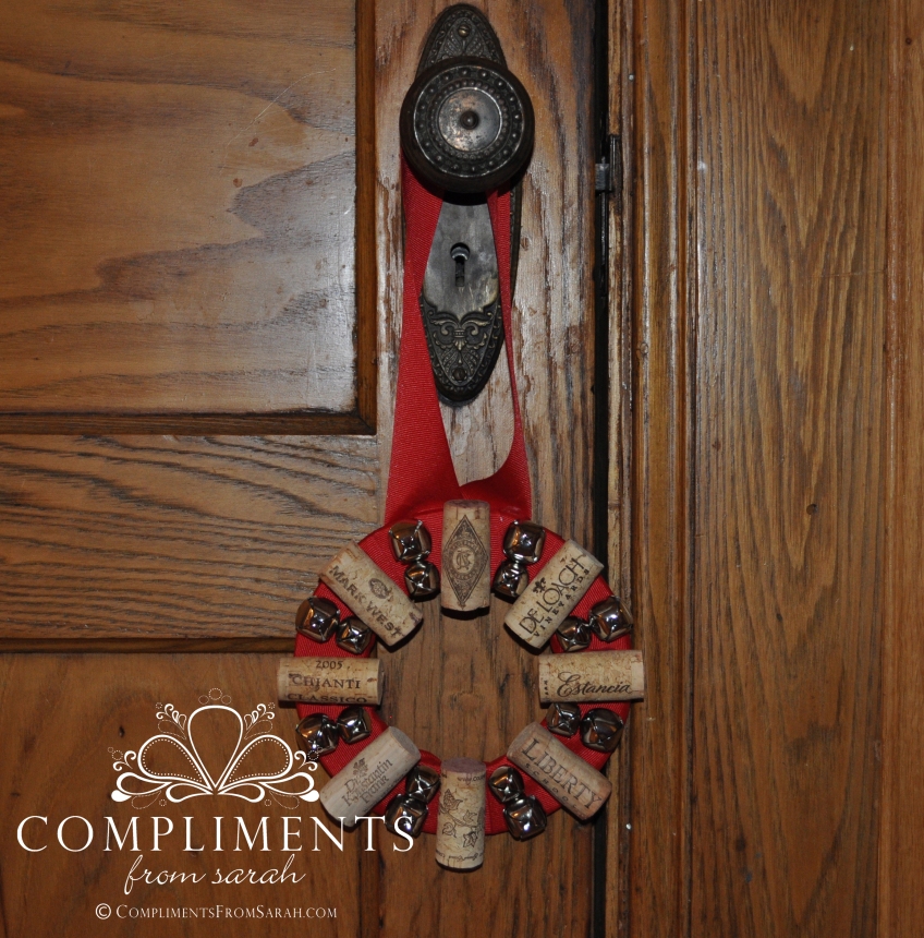 wine cork wreath door knob size red ribbon