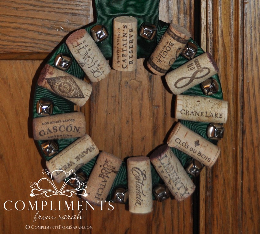 wine cork wreath green ribbon and bells door knob size