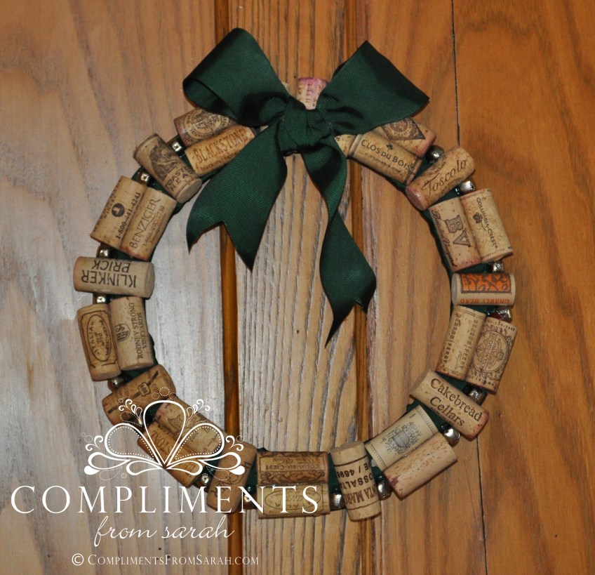 wine cork wreath with green ribbon
